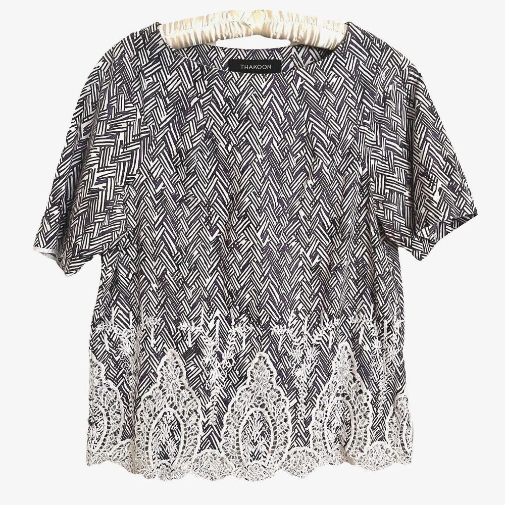 Thakoon Embroidered African Weave Print Top Sz 10 Comfy SS Cotton Black Multi